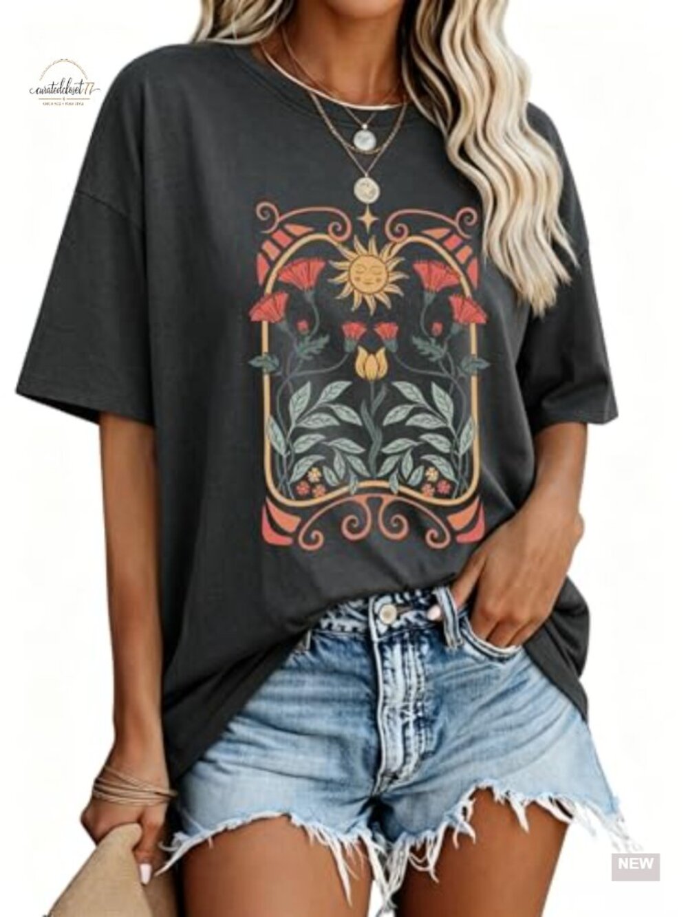 Oversized Graphic Tee Women Crew Neck Summer Short Sleeve Floral Print Cotton